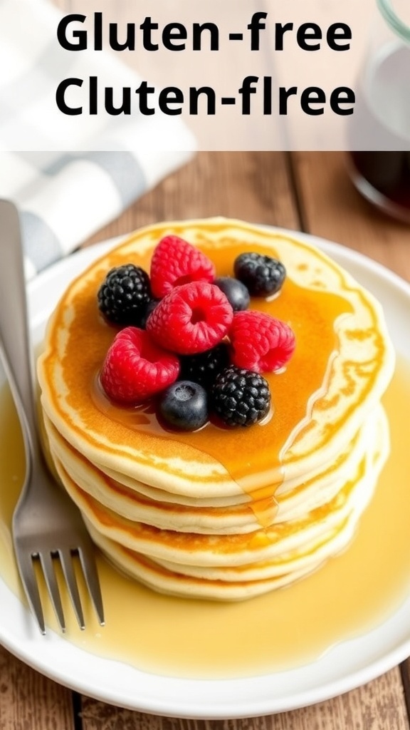 Fluffy gluten-free pancakes topped with berries and maple syrup on a rustic wooden table.